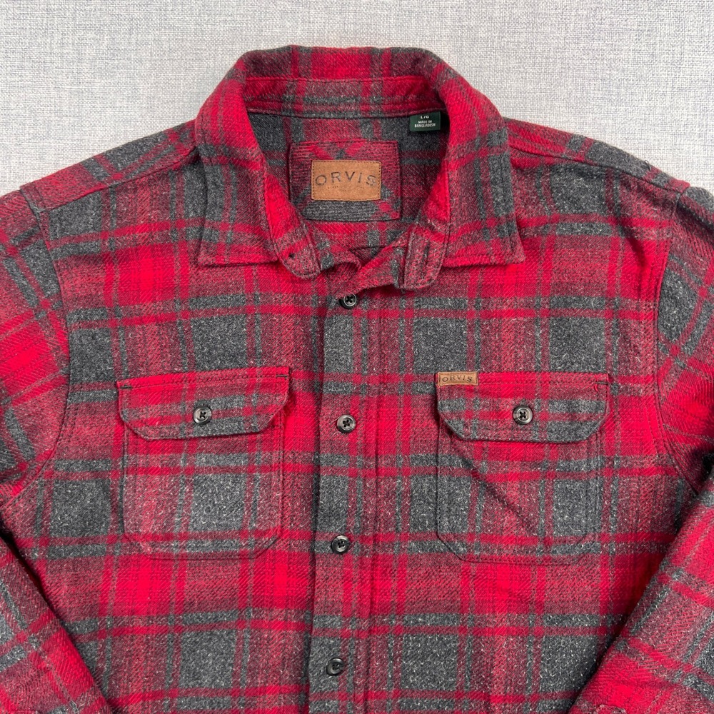 Orvis Big Bear Heavyweight Flannel Shirt Men XL Red Gray Plaid Pockets Utility